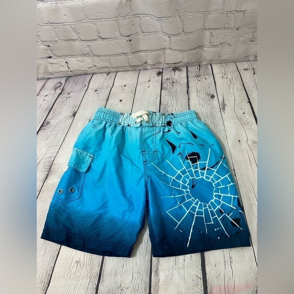 Sun Kidz Boys Size 4 Swim Shorts Blue Ombre With Cool Shark Graphic